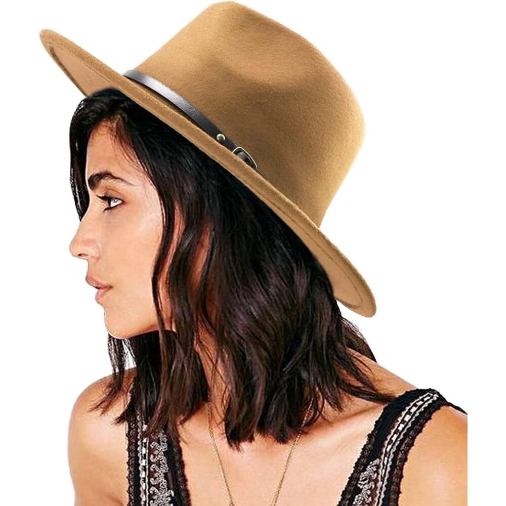 Women's Khaki Western With Braided Leather Band Classic Fedora Felt Cowboy Hat